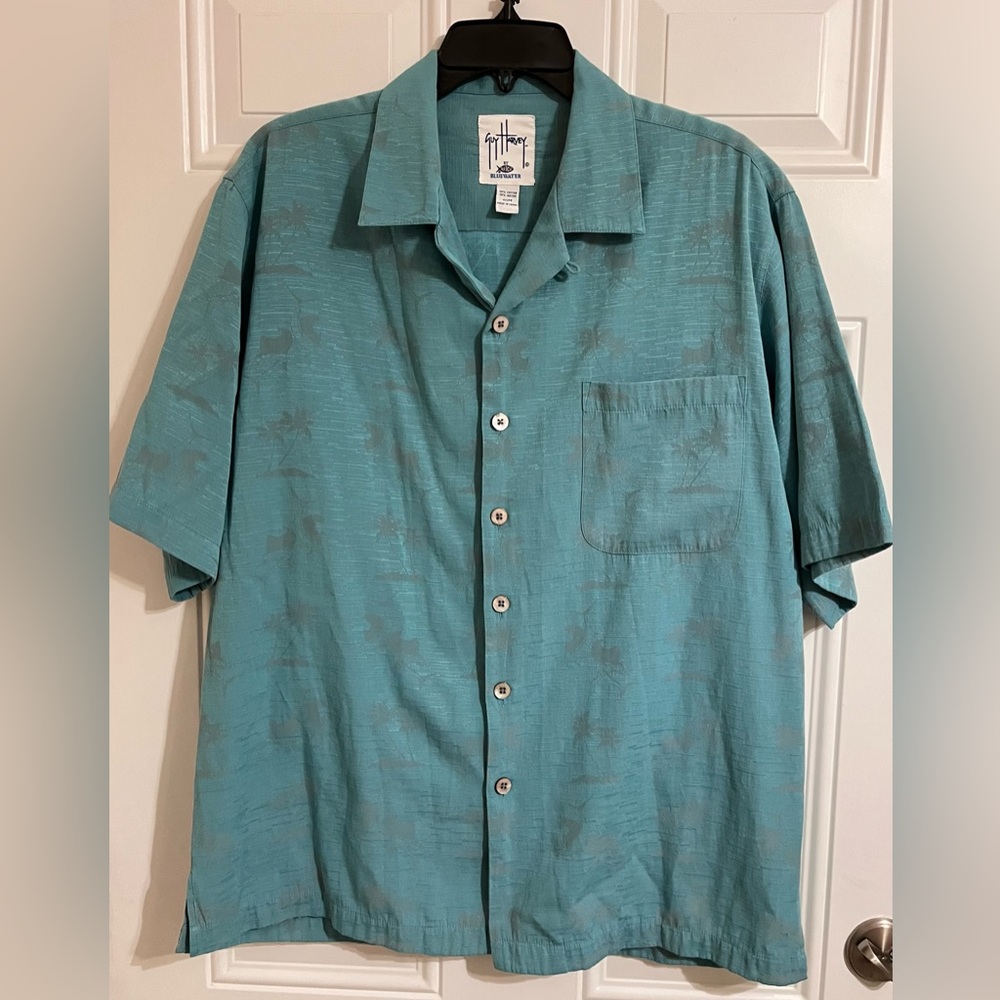 Guy Harvey AFTCO Bluewater Hawaiian Shirt Mens M Button Up Sail Fish Palm Tree